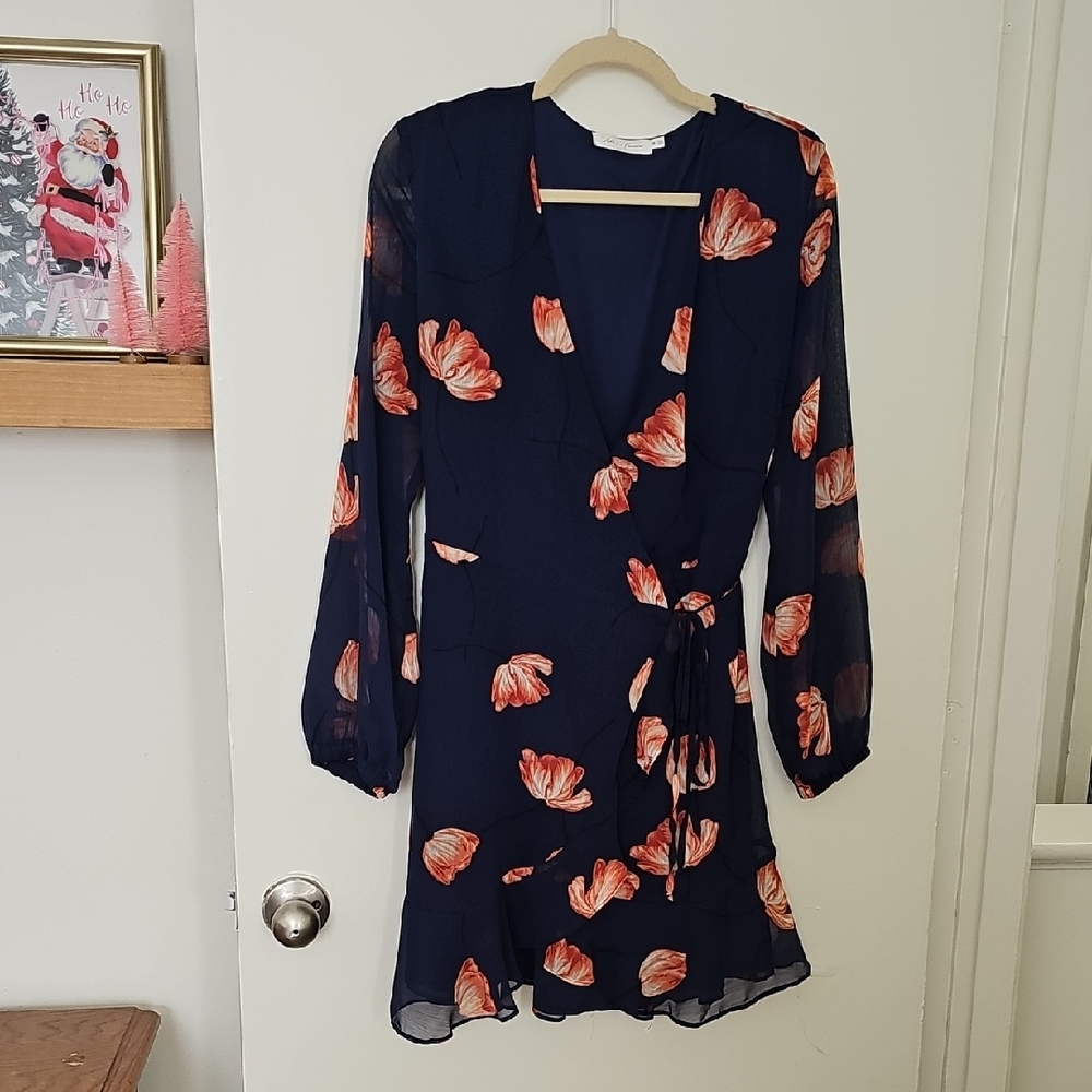 All in Favor Navy and Red Floral Long Sleeve Dress